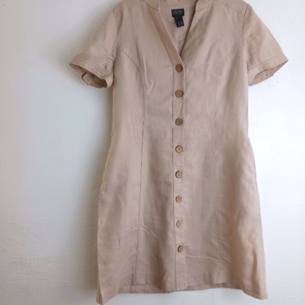 Chico's Beige Button-Front Short Sleeve Midi Dress